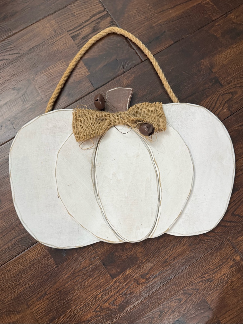 Neutral White Wood Pumpkin Wall Hanging with Burlap Bow